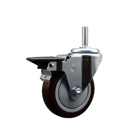 Service Caster 4 Inch Maroon Polyurethane Wheel Swivel 58 Inch Threaded Stem Caster with Brake SCC SCC-TS20S414-PPUB-MRN-PLB-58212